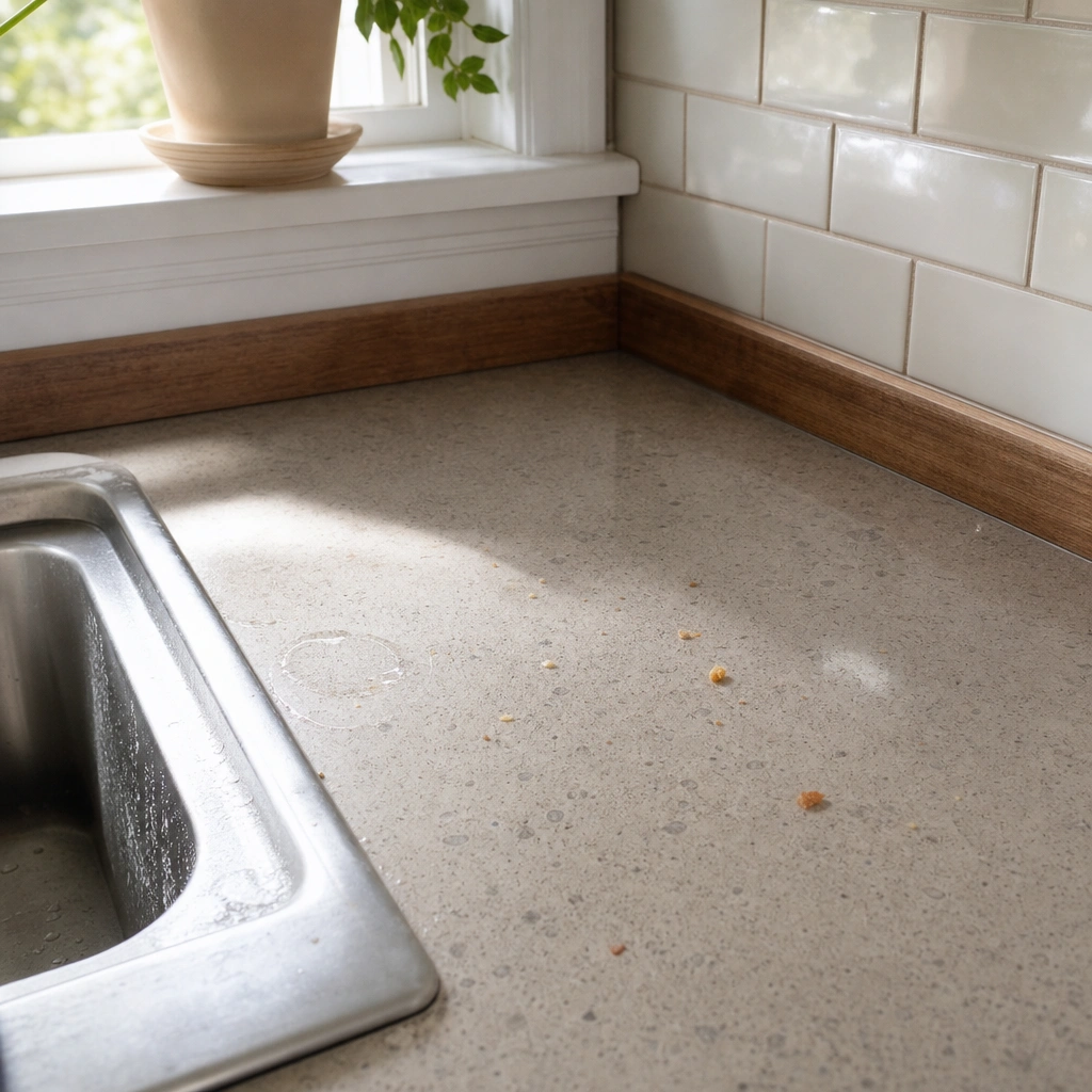 Kitchen counter and baseboard corner where ant control in Kennewick most often starts, near the sink and dishwasher