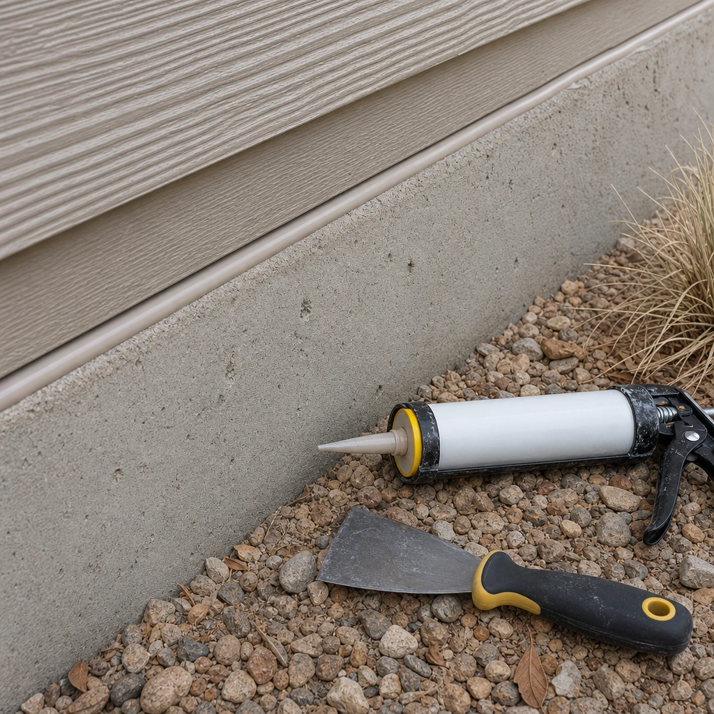 Sealing a foundation gap with caulk to block ant entry points on a Tri-Cities home