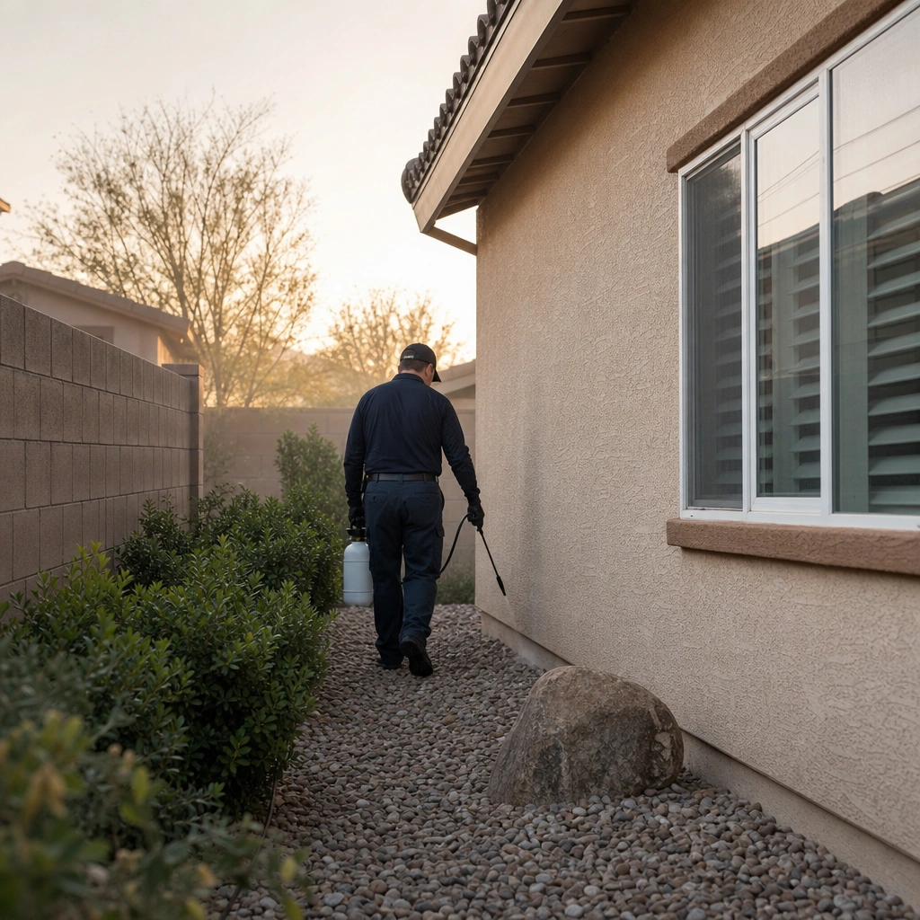 Technician treating the exterior foundation perimeter of a Kennewick home during a scheduled ant service