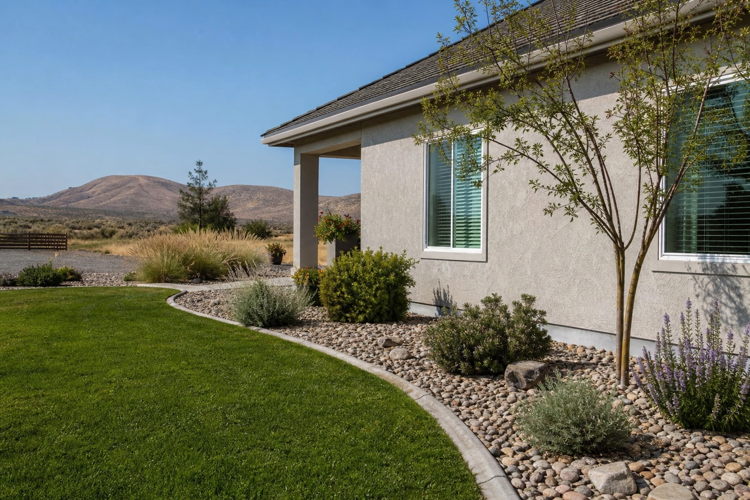 A Kennewick home's irrigated lawn meeting dry desert ground at the foundation — the edge where ant control in Kennewick begins