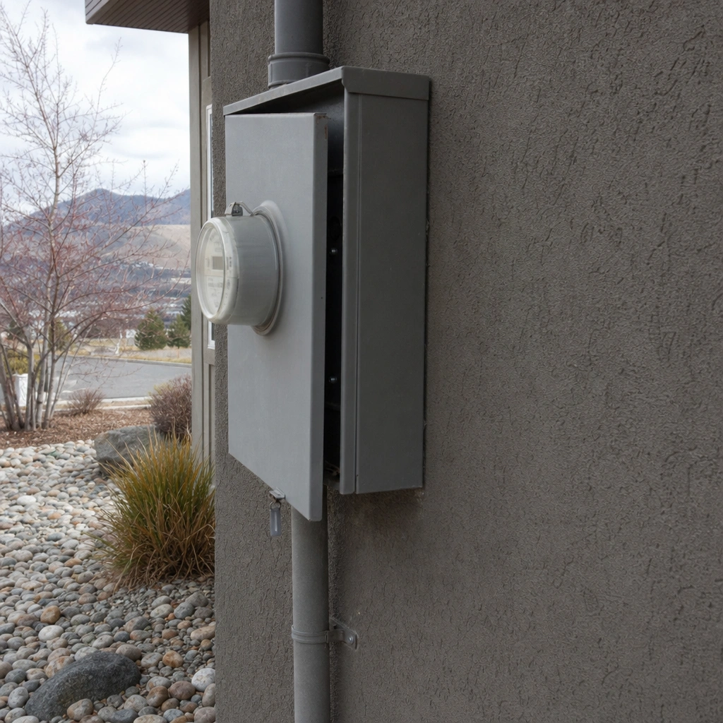 An exterior utility meter box with the cover ajar, a common hiding spot for black widow spiders in Kennewick