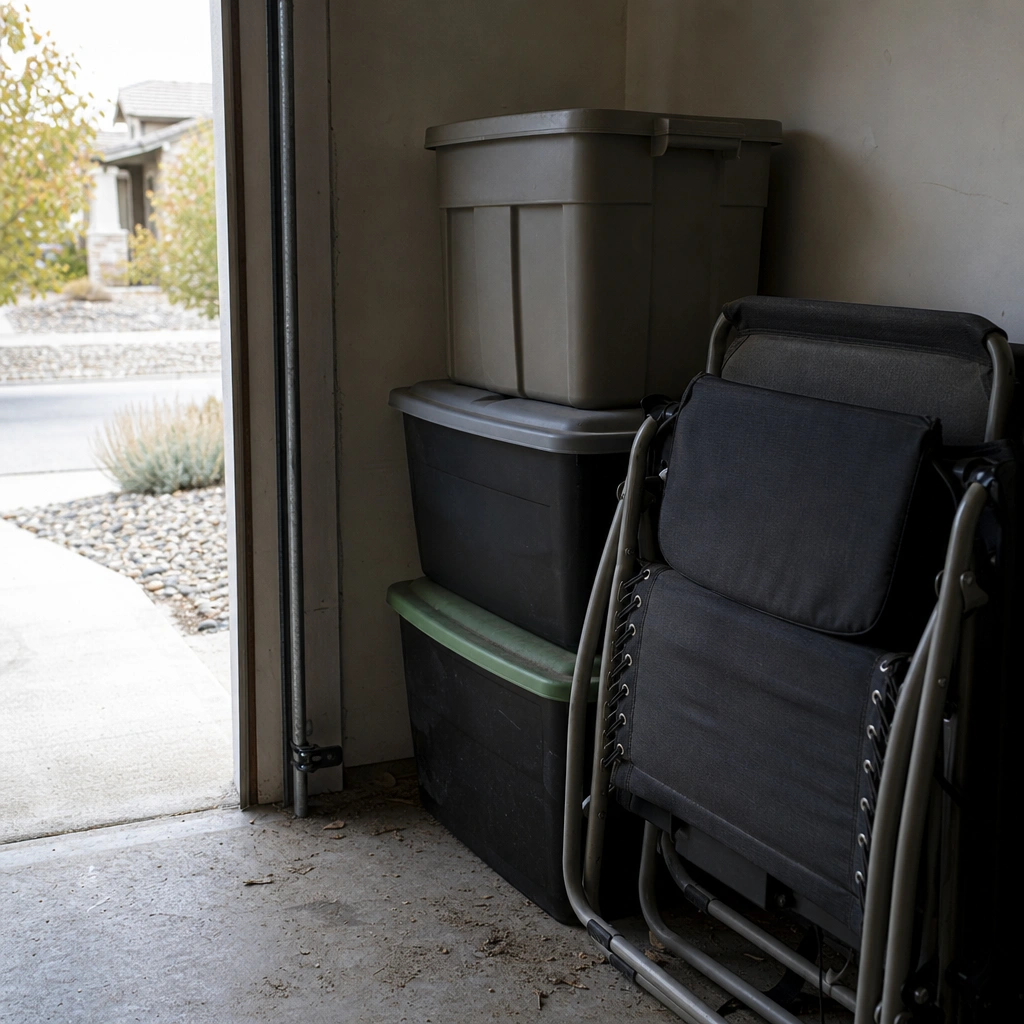 A dim garage corner with stacked storage totes against the wall
