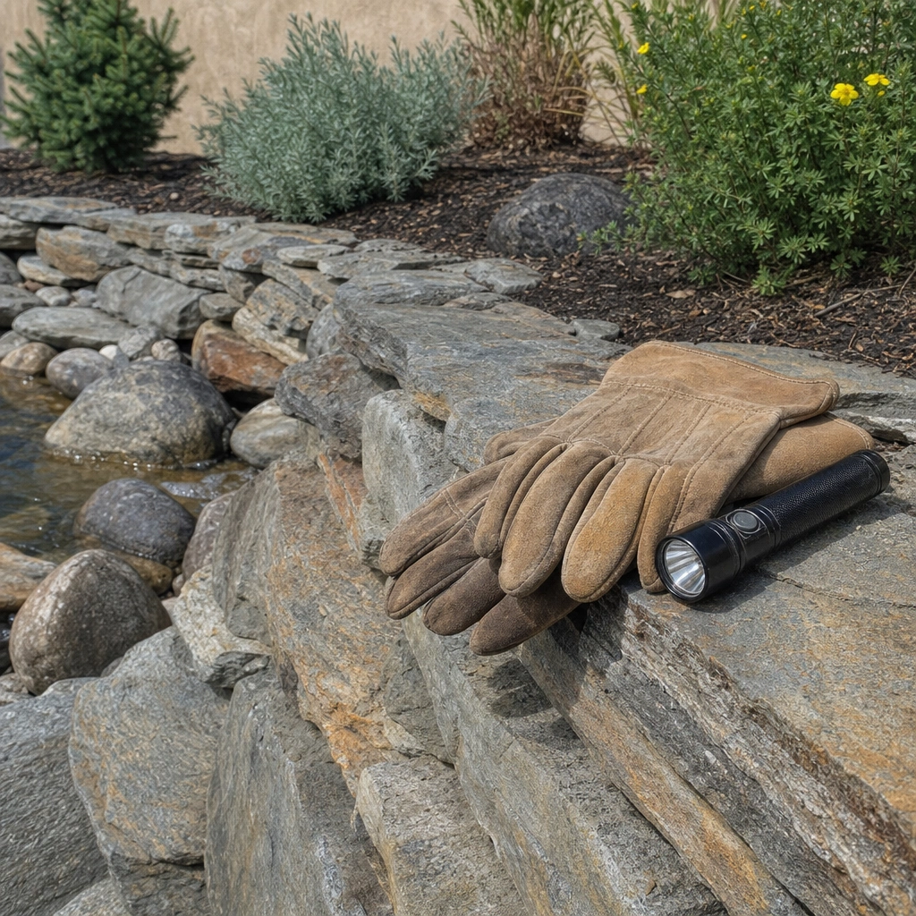 Heavy leather gloves and a flashlight on a rock wall, ready for a careful inspection