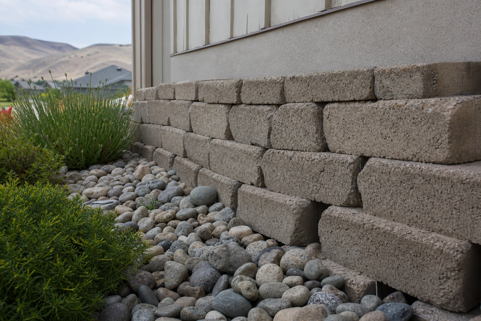 A shaded landscape-block retaining wall with voids between the blocks, prime harbourage for black widow spiders in Kennewick