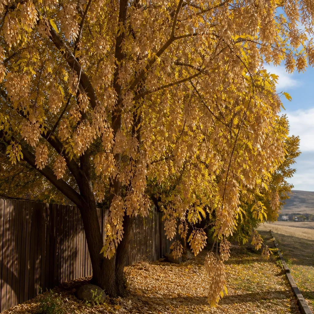 A seed-bearing boxelder tree beside a residential fence — the source of most local boxelder bug populations