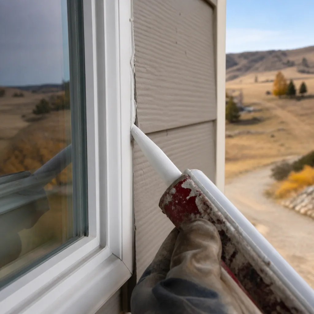 Caulking the gap between a window frame and siding to seal a boxelder bug entry point