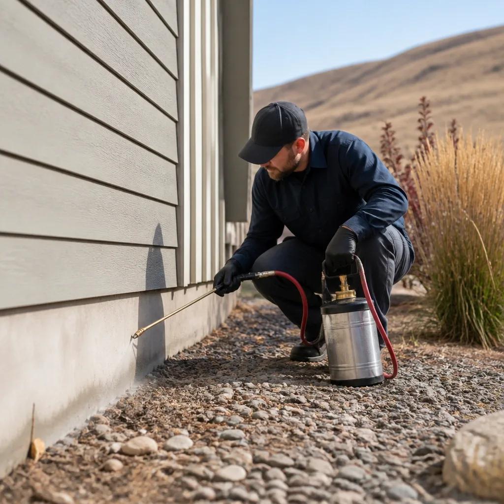 A technician applying a residual perimeter treatment along the foundation line of a home