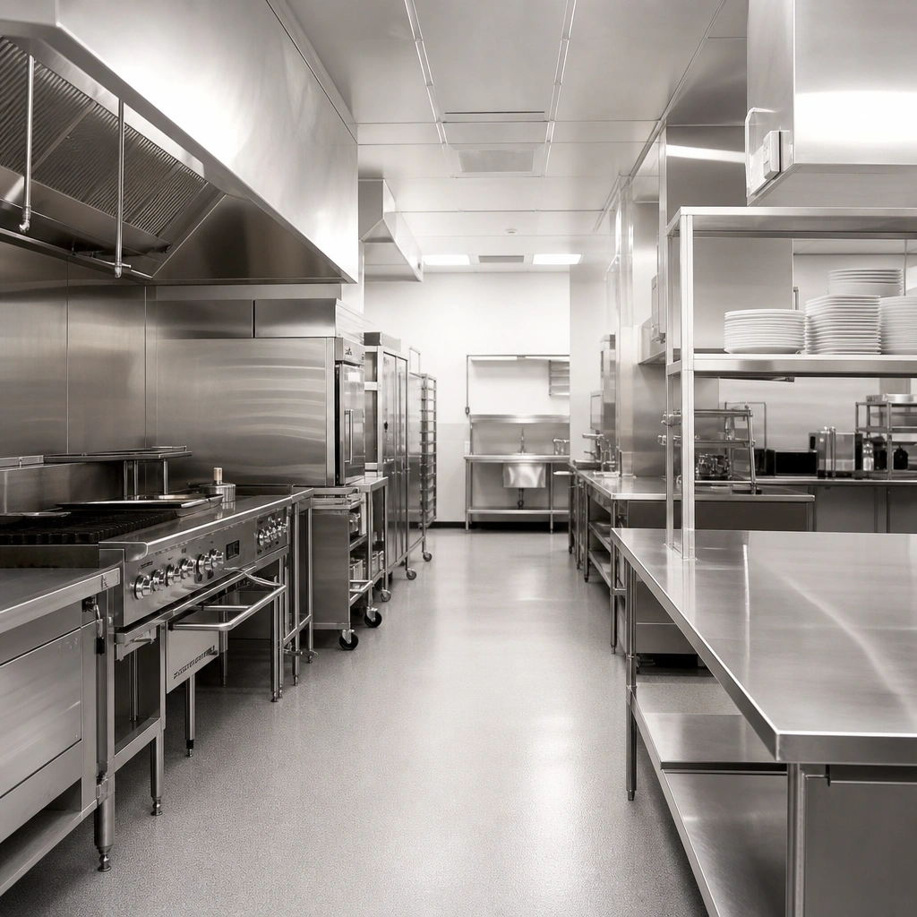 A spotless stainless steel commercial kitchen, the highest-stakes setting for commercial pest control in the Tri-Cities