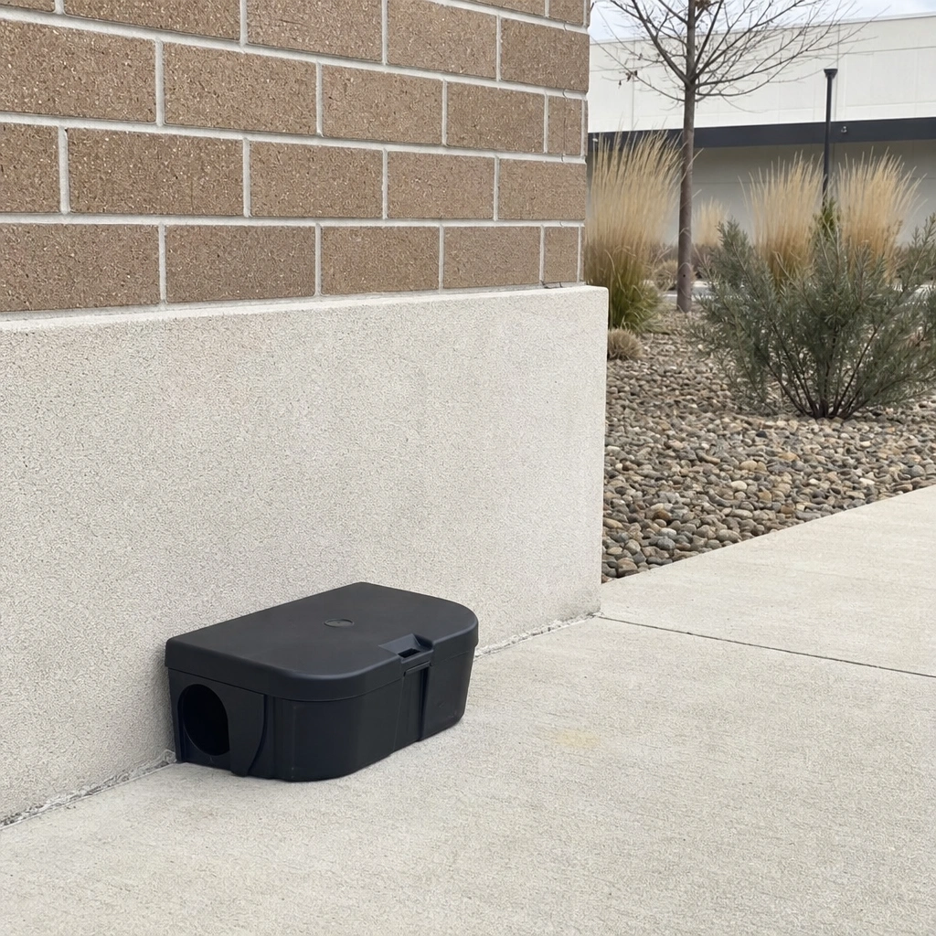 A locked tamper-resistant rodent bait station against a commercial building's exterior wall