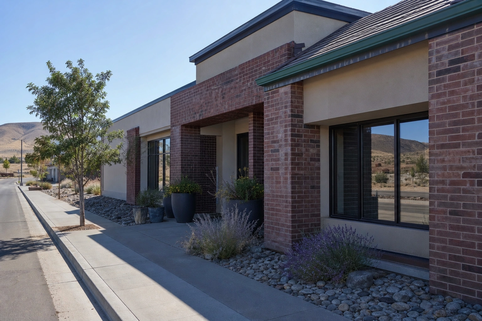 A tidy small commercial building frontage on a quiet Tri-Cities street