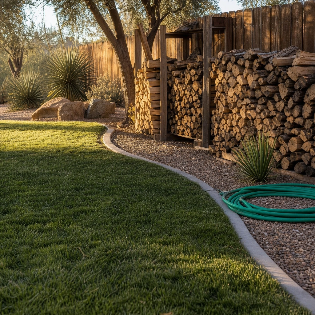 A Tri-Cities backyard with irrigated lawn, gravel border and a woodpile against the fence