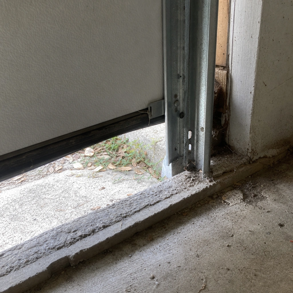 A worn garage door seal with a gap at the corner, the most common pest entry point in newer Kennewick homes