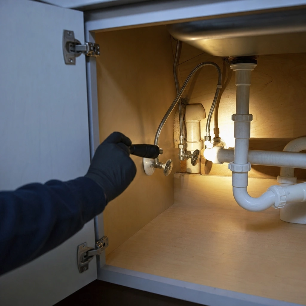 A technician inspecting under-sink plumbing with a flashlight during a first pest control visit in Kennewick