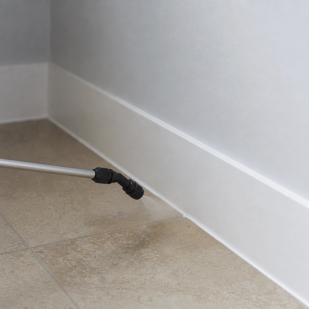 Targeted crack-and-crevice treatment along an interior baseboard