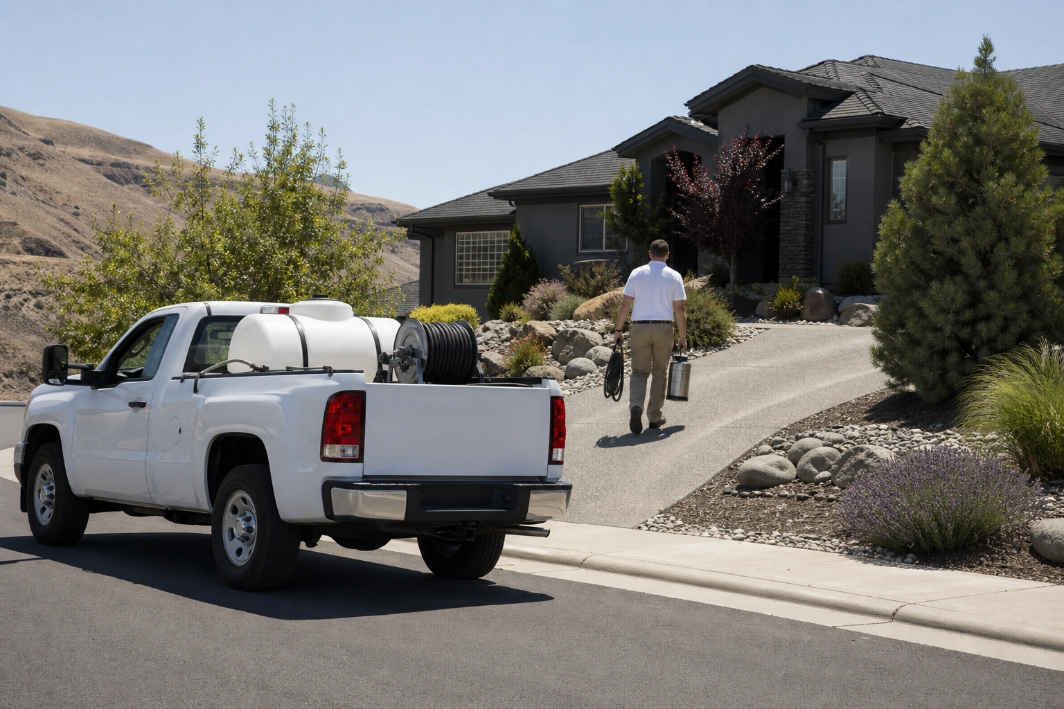 A service truck at the curb and a technician walking up — the start of a first pest control visit in Kennewick