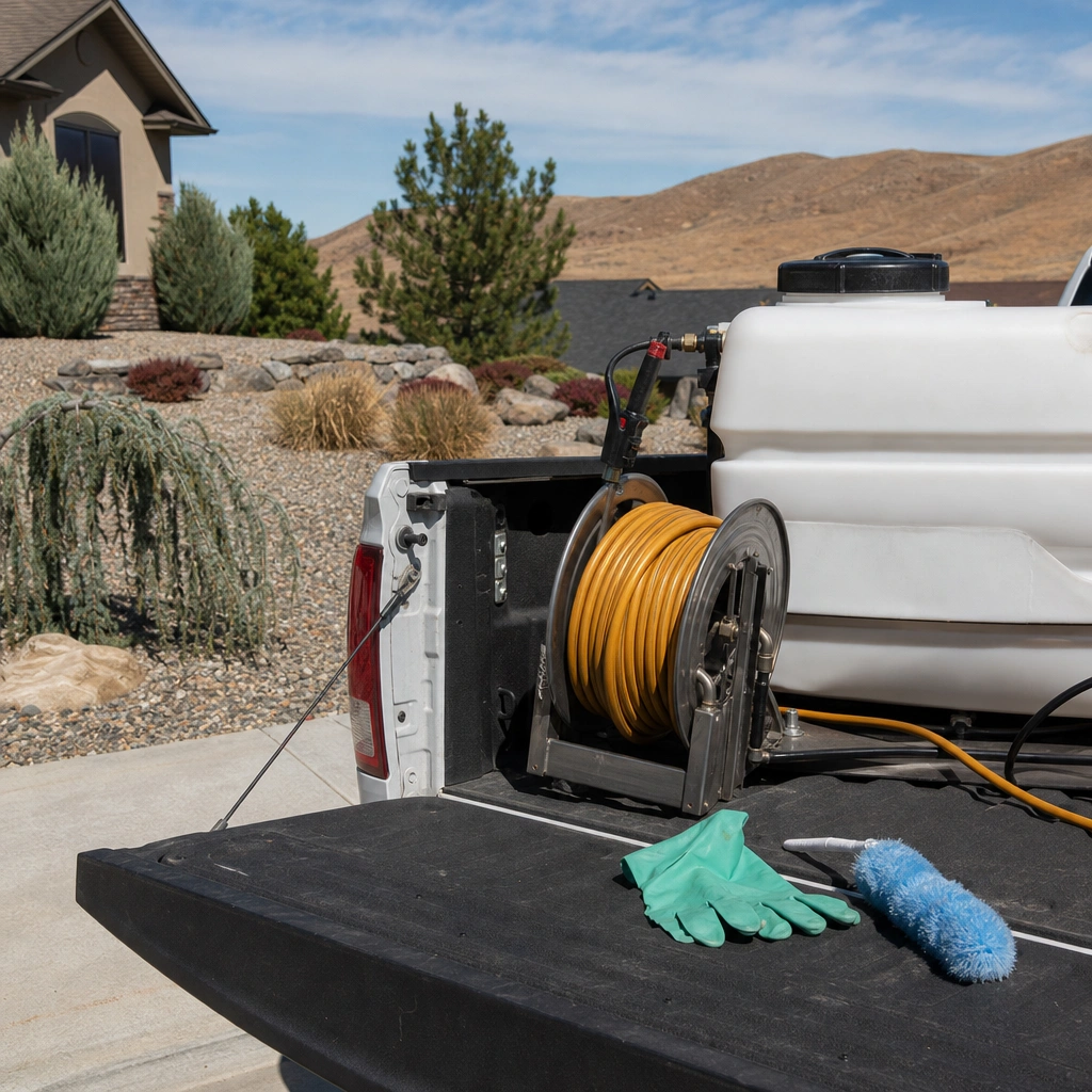 Professional pest control equipment laid out in the bed of a service truck