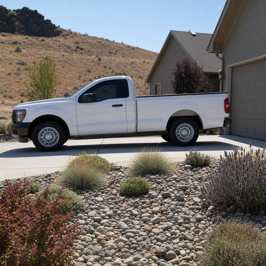 A service truck parked in a suburban driveway for a scheduled treatment