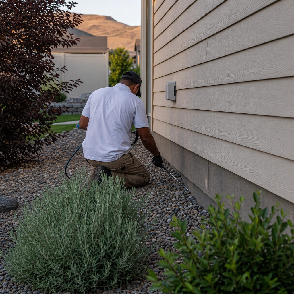 A technician treating a home's foundation line, the work a good pest control company in Kennewick does first