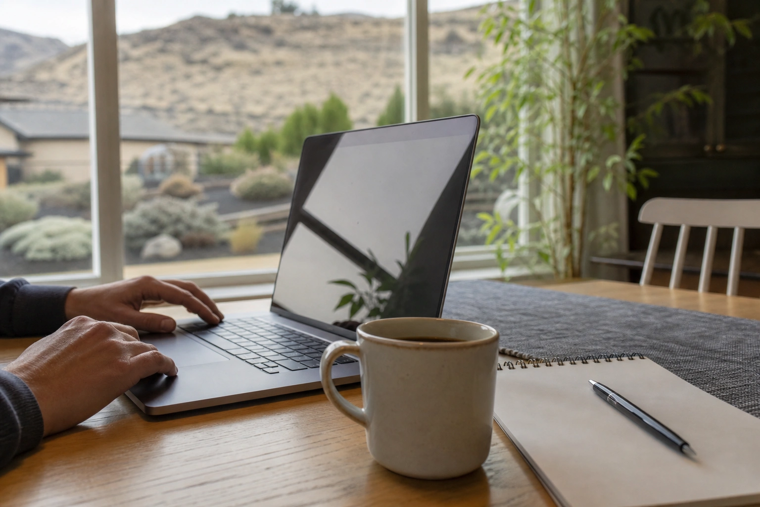 A laptop and notepad on a kitchen table while researching a pest control company in Kennewick