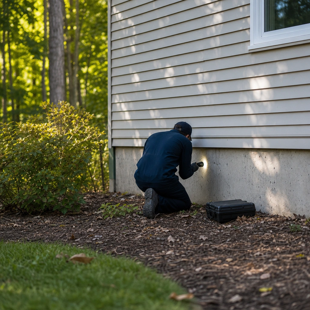 A technician inspecting a home's foundation line with a flashlight during a professional service