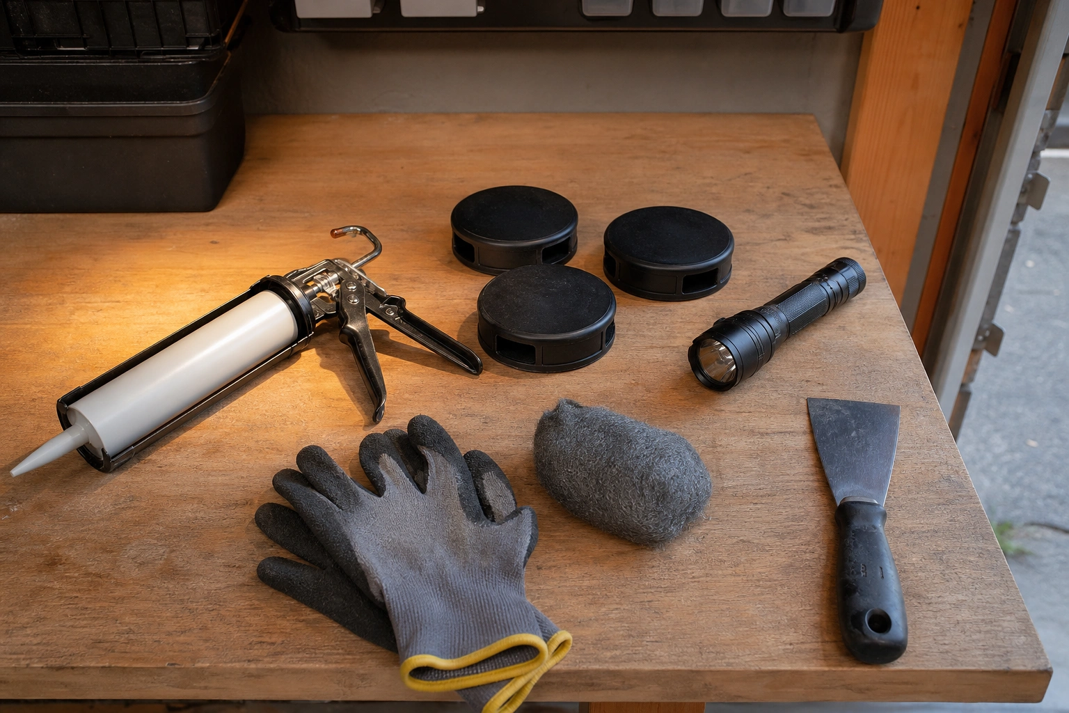 Pest-proofing supplies laid out on a workbench — the DIY side of pest control in Kennewick