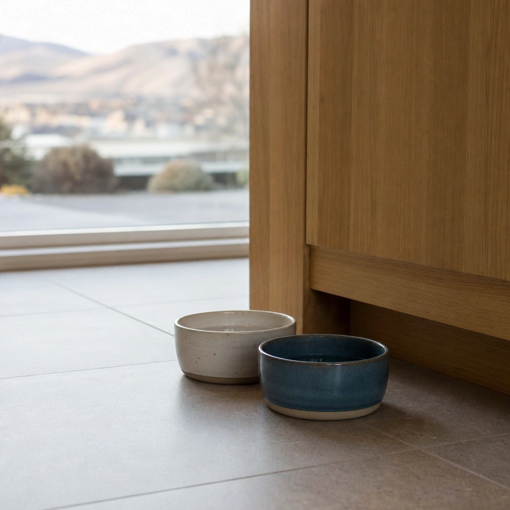 Pet bowls on a kitchen floor, moved aside before a treatment to keep pest control safe for pets