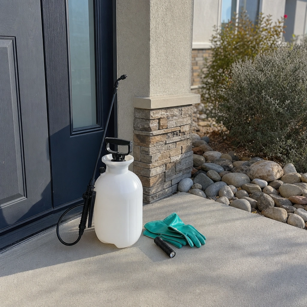 A technician's sprayer, gloves and flashlight set down on a doorstep before a service visit
