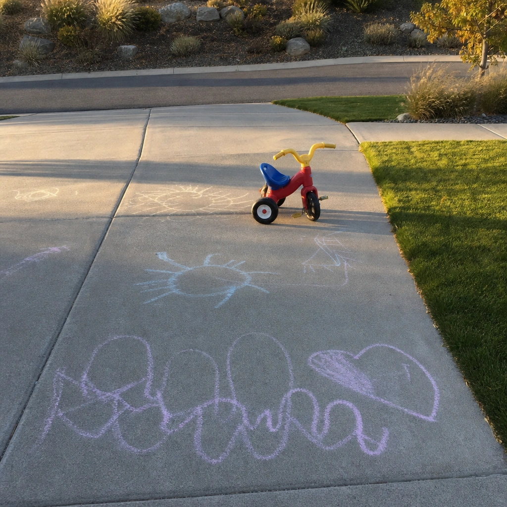 A child's tricycle and chalk on a clean suburban driveway beside a treated lawn