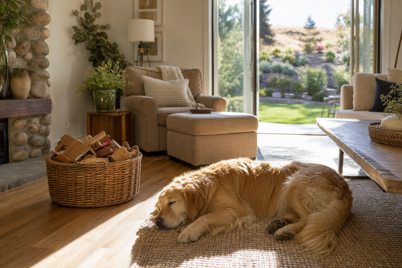 A dog asleep in a sunlit family living room — the standard for pest control safe for pets