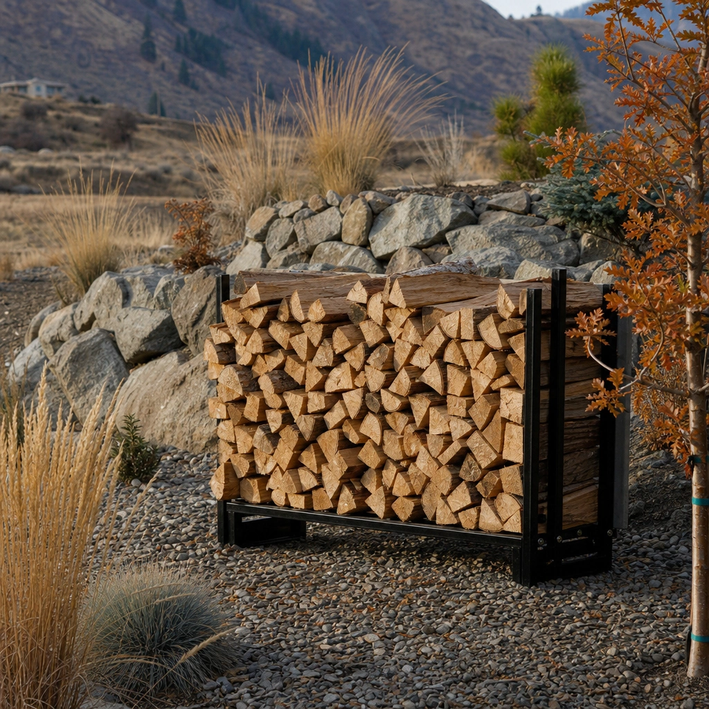Firewood stacked on a raised rack well away from the house wall
