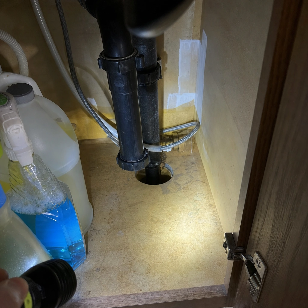 Gap around plumbing under a kitchen sink — a classic entry point rodent control in Kennewick has to close