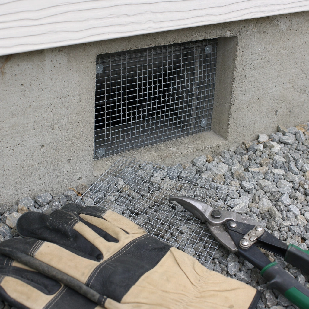 Sealing a foundation vent with galvanised hardware cloth to keep mice out of a Tri-Cities home