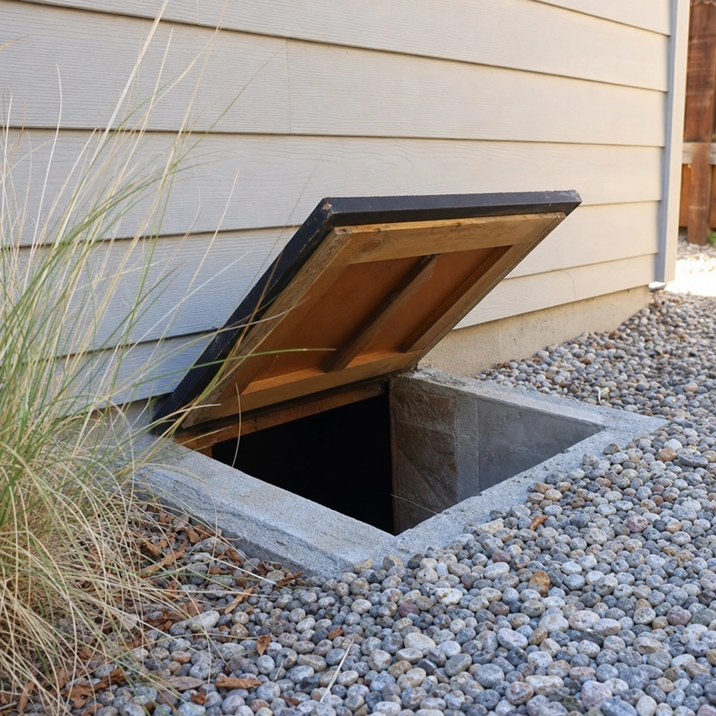 An open crawl space hatch on a Kennewick home, where rodent activity is usually confirmed