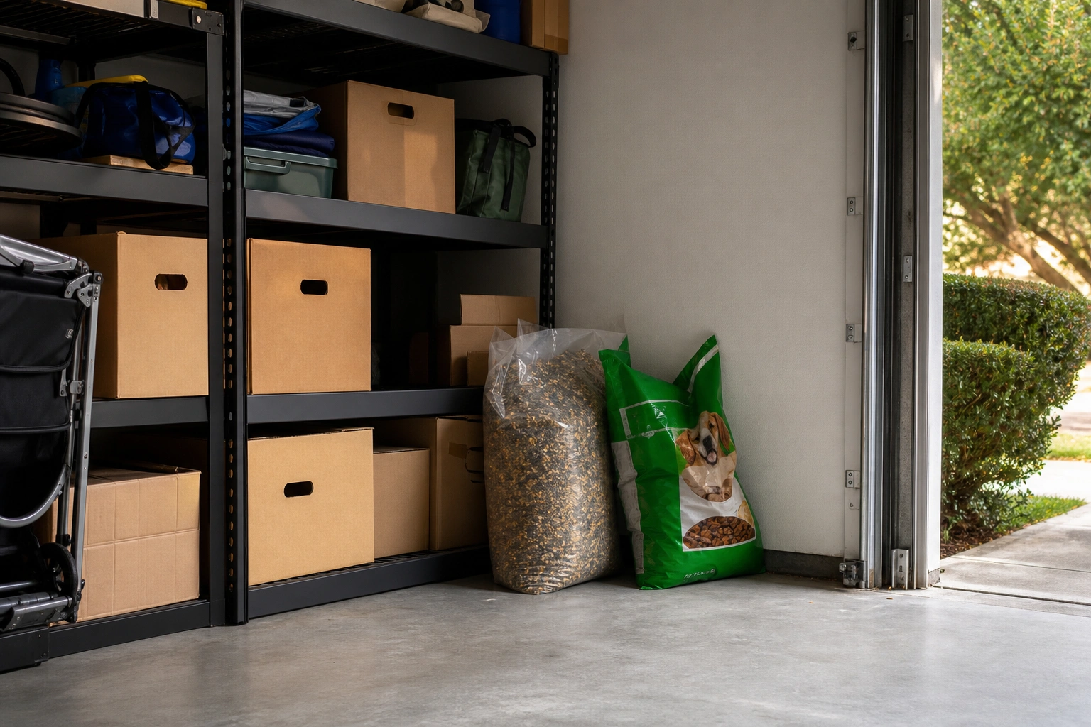 A garage corner with stored boxes and pet food, the most common place rodent control in Kennewick starts