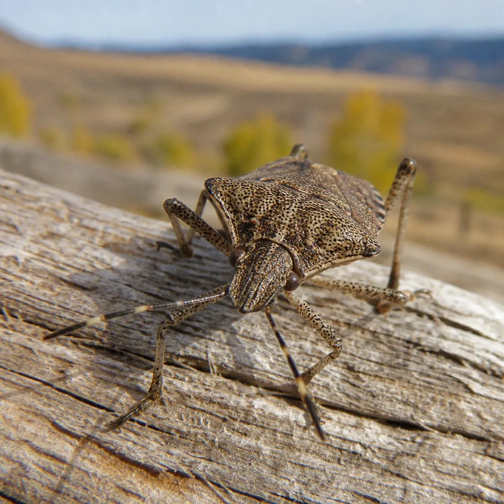 Close-up of a brown marmorated stink bug showing the banded antennae that identify it