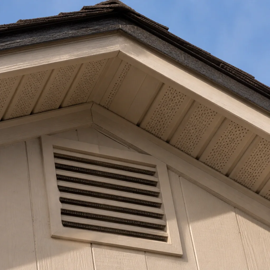 An unscreened gable vent and soffit — a common way stink bugs get into an attic