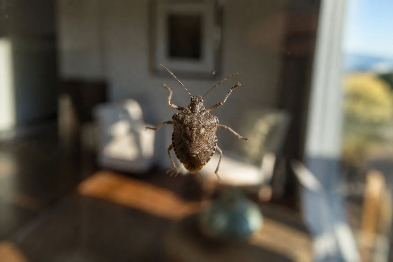 A brown marmorated stink bug on a window inside a Kennewick home in autumn