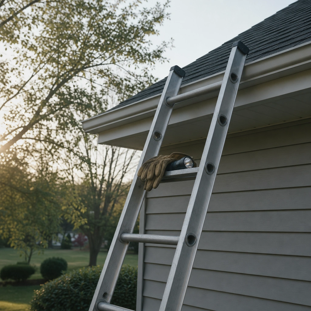 A ladder against a house roofline with gloves and a flashlight, ready for an eave nest inspection