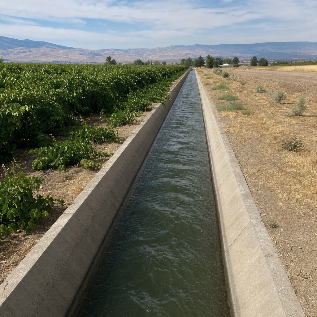 A Columbia Basin irrigation canal running between crop rows and dry ground