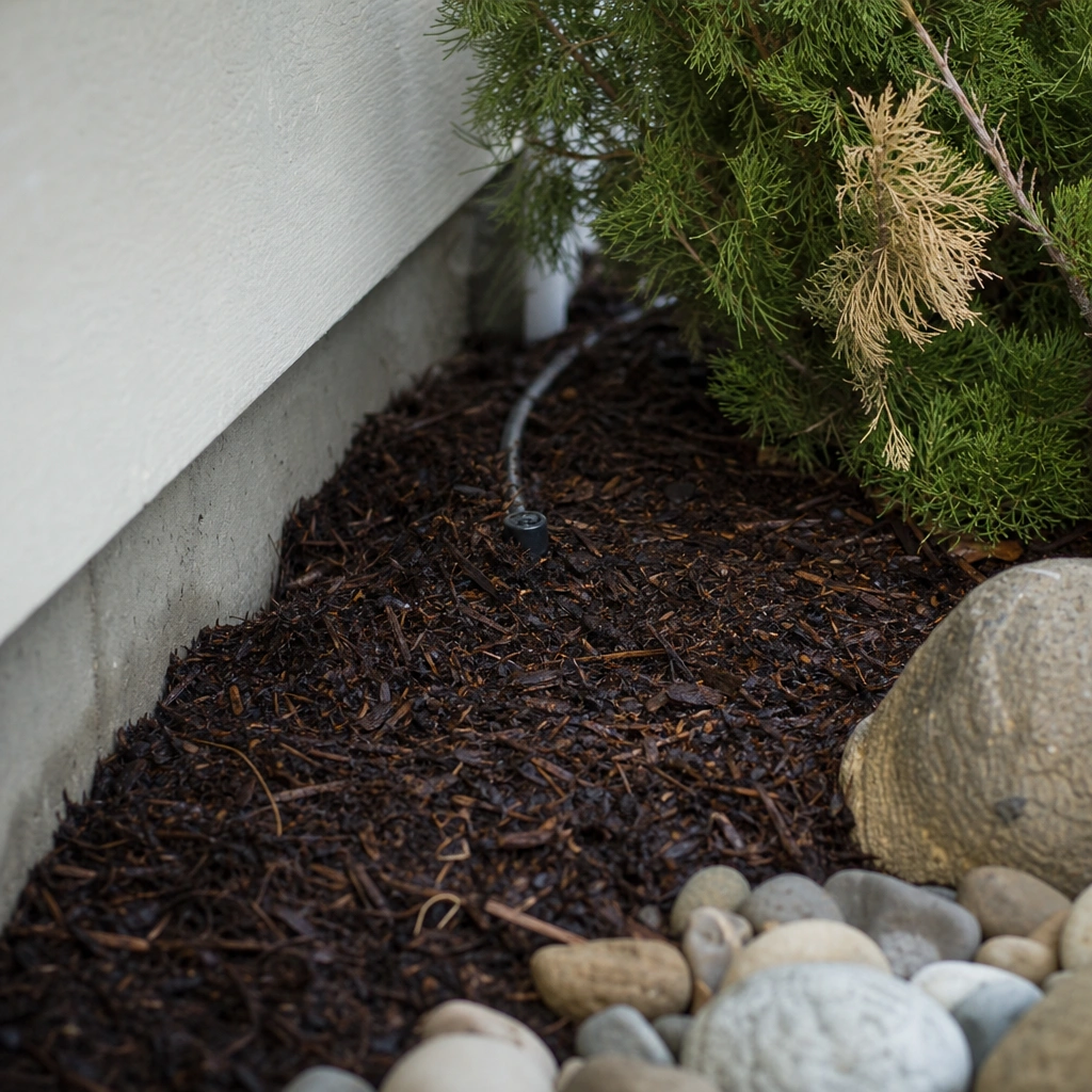Damp bark mulch piled against a house foundation, part of why Kennewick homes get pests at the wall line