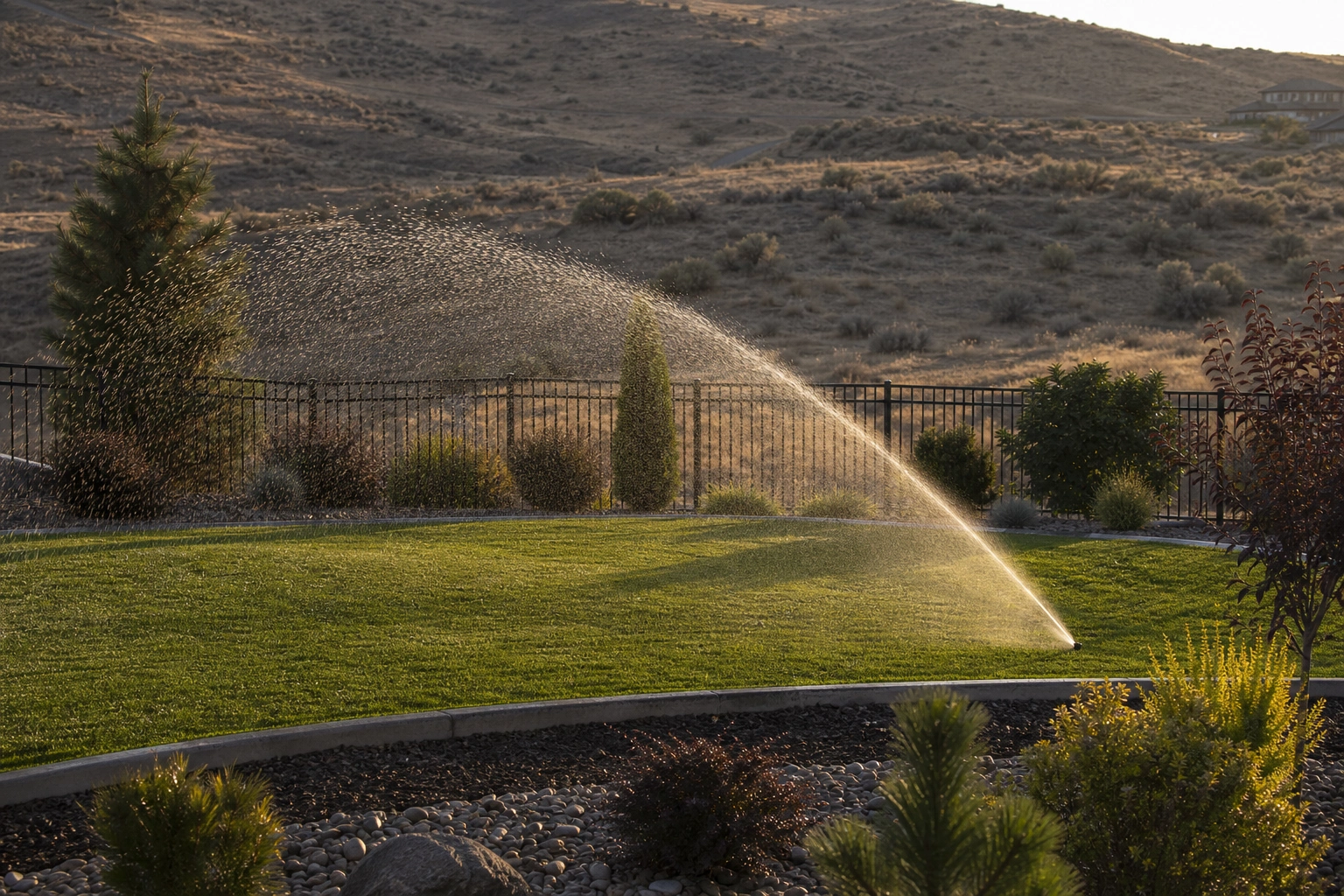 A sprinkler soaking a green lawn beside parched desert hills — the core reason why Kennewick homes get pests
